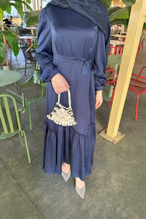 Sare Fashion Patterned Tied Skirt Dress Navy Blue