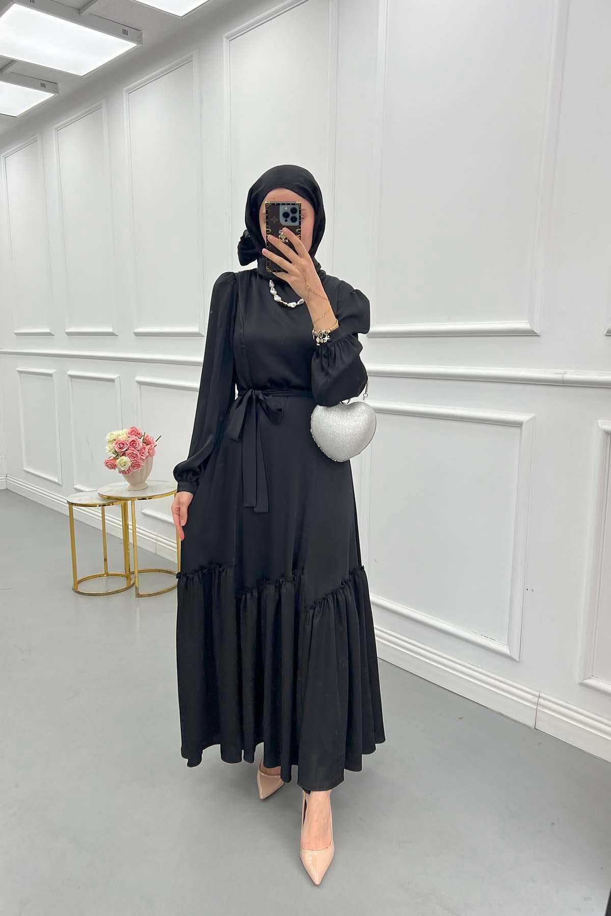 Sare Fashion Black Tied Dress with Patterned Skirt