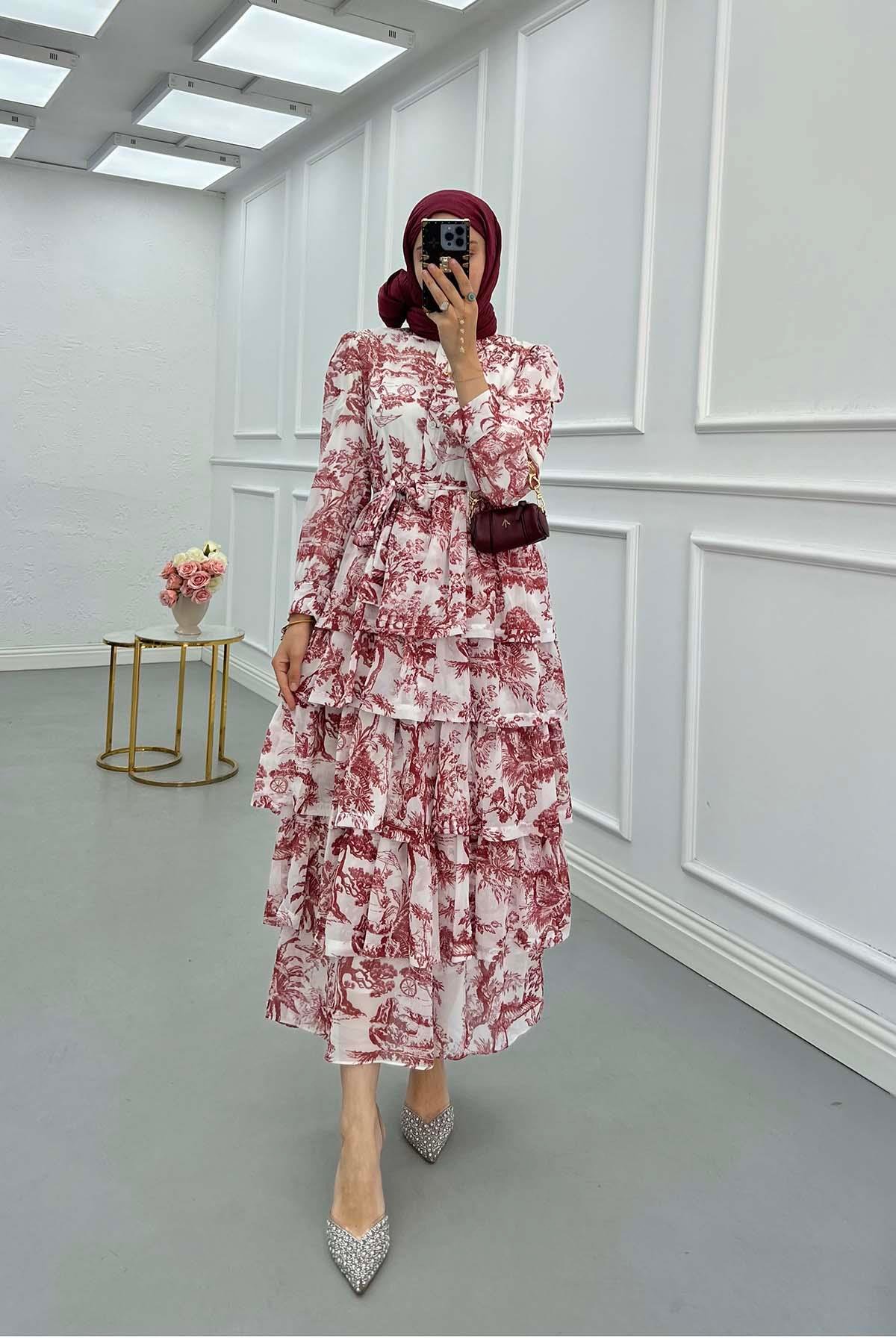 Sare Fashion Ruffle Skirted Lined Dress Burgundy