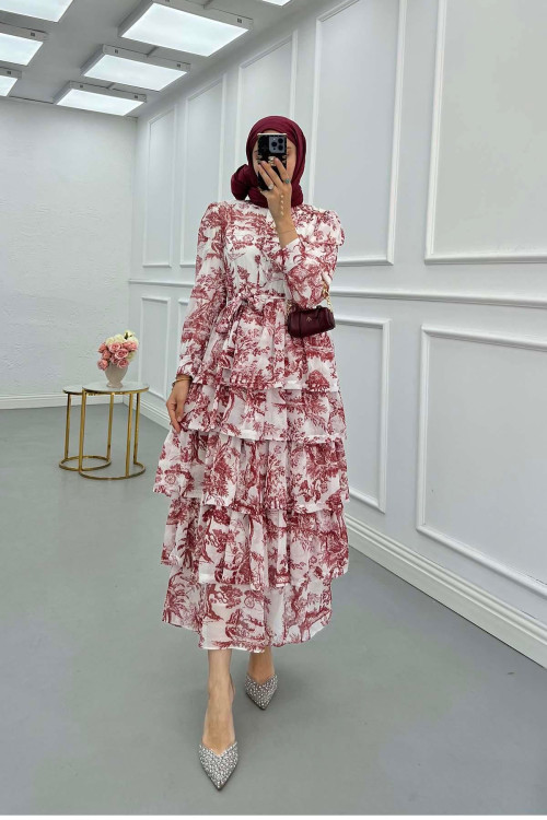Sare Fashion Ruffle Skirted Lined Dress Burgundy