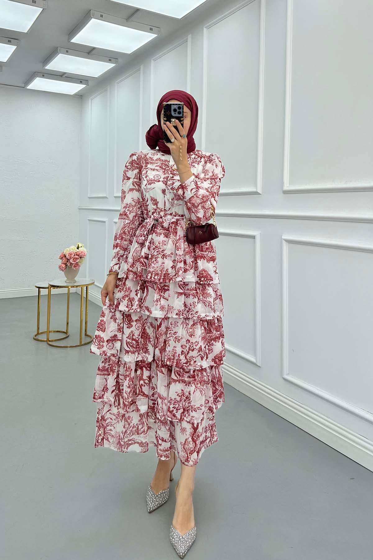 Sare Fashion Ruffle Skirted Lined Dress Burgundy