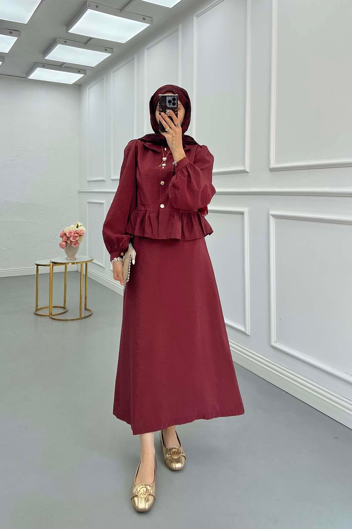 Sare Fashion Burgundy Two Piece Suit with Ruffle Skirt