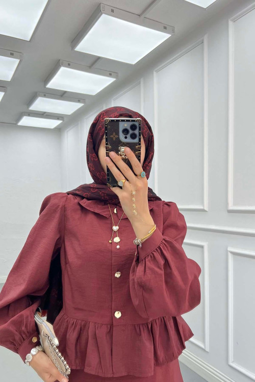 Sare Fashion Burgundy Two Piece Suit with Ruffle Skirt