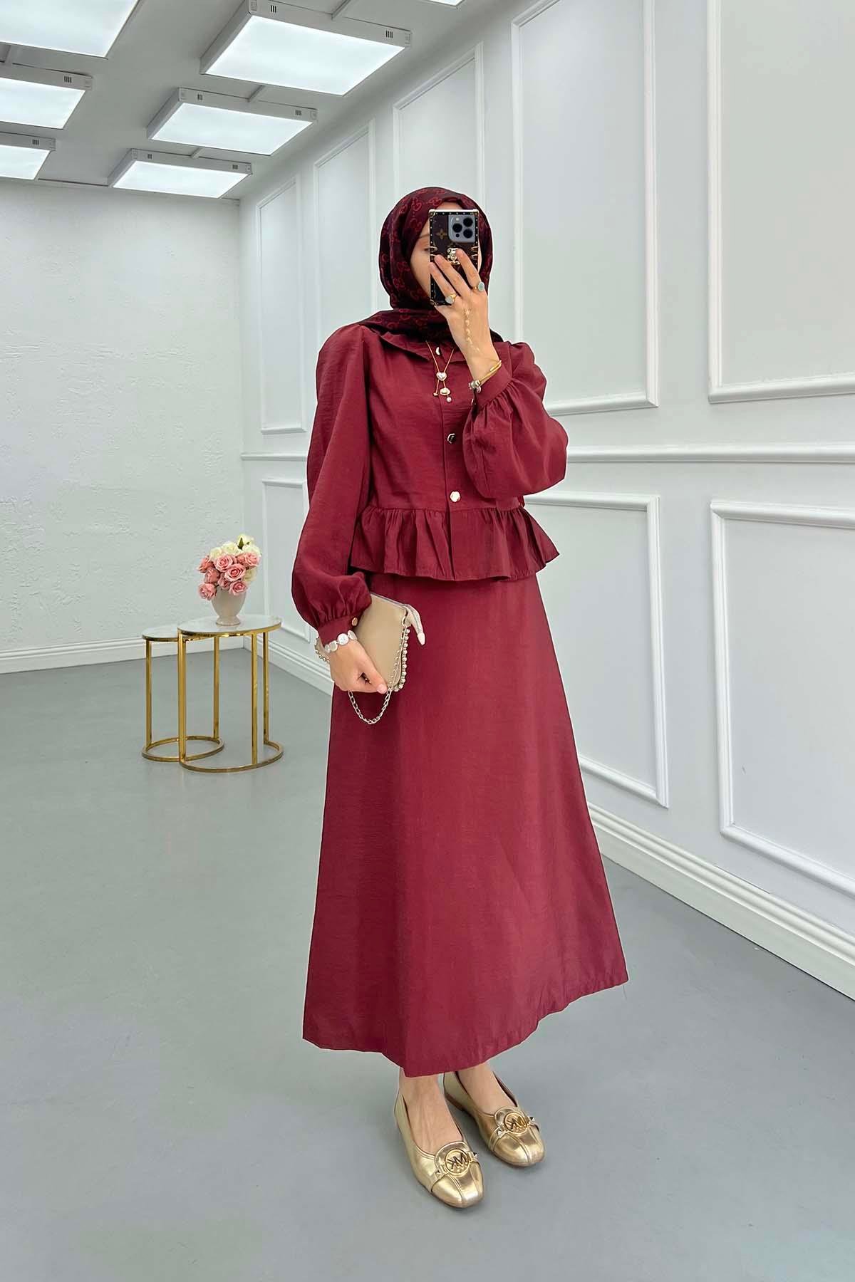 Sare Fashion Burgundy Two Piece Suit with Ruffle Skirt