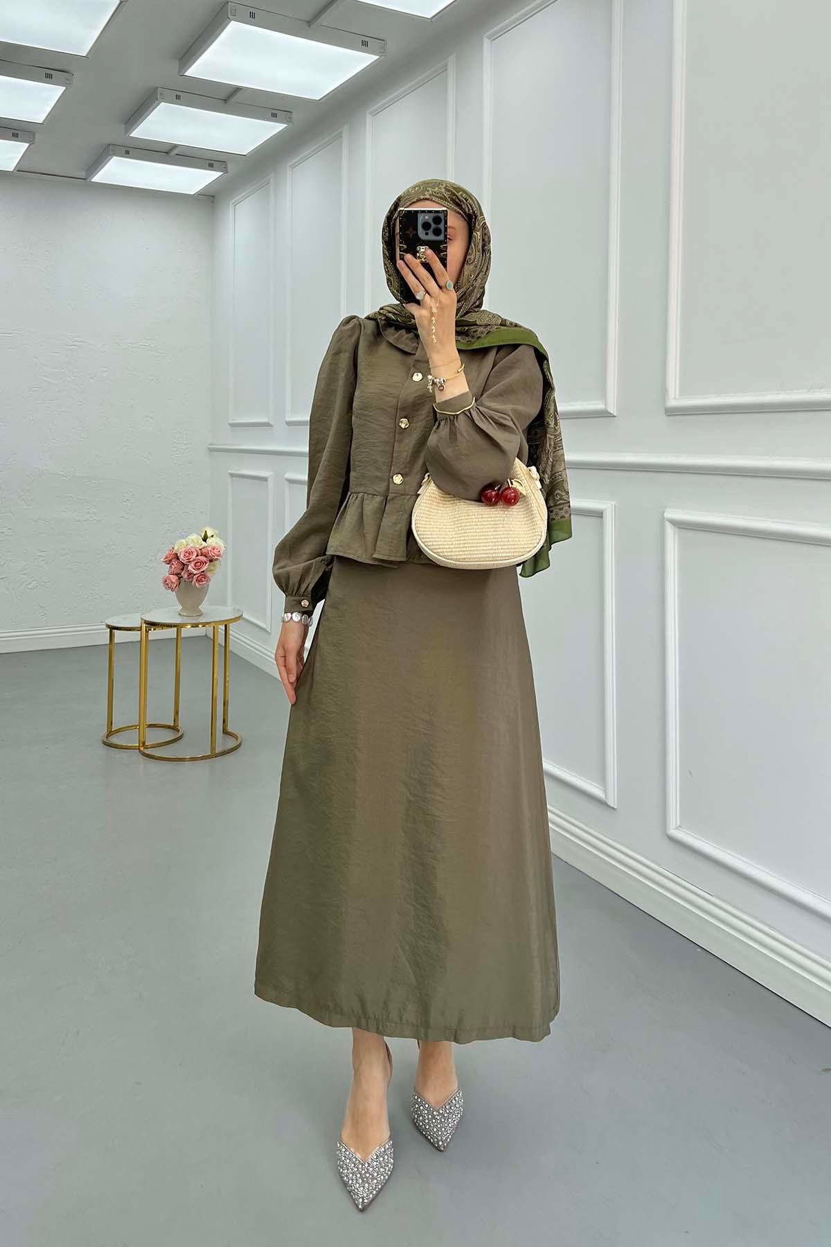 Sare Fashion Ruffle Skirted Double Suit Khaki