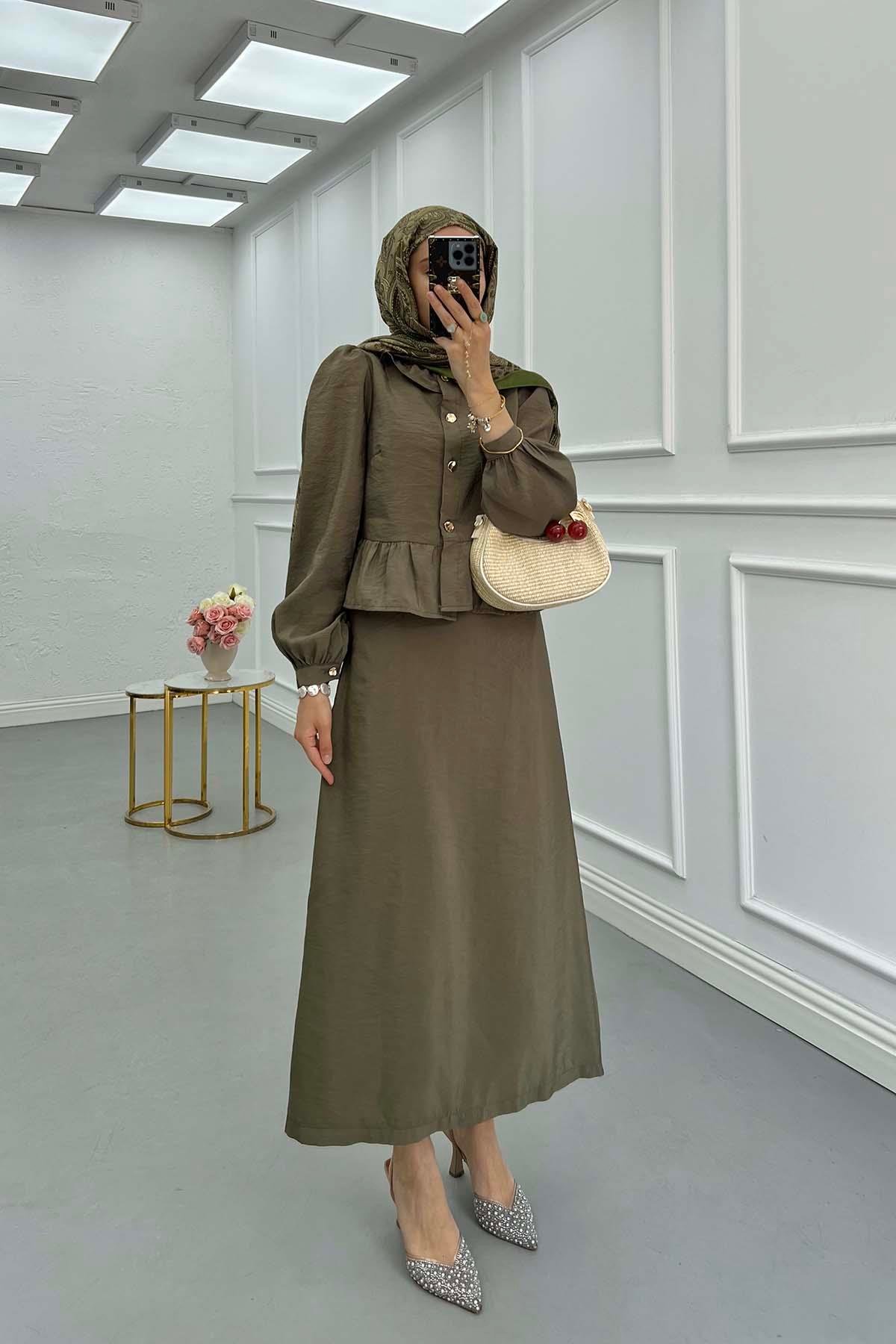 Sare Fashion Ruffle Skirted Double Suit Khaki