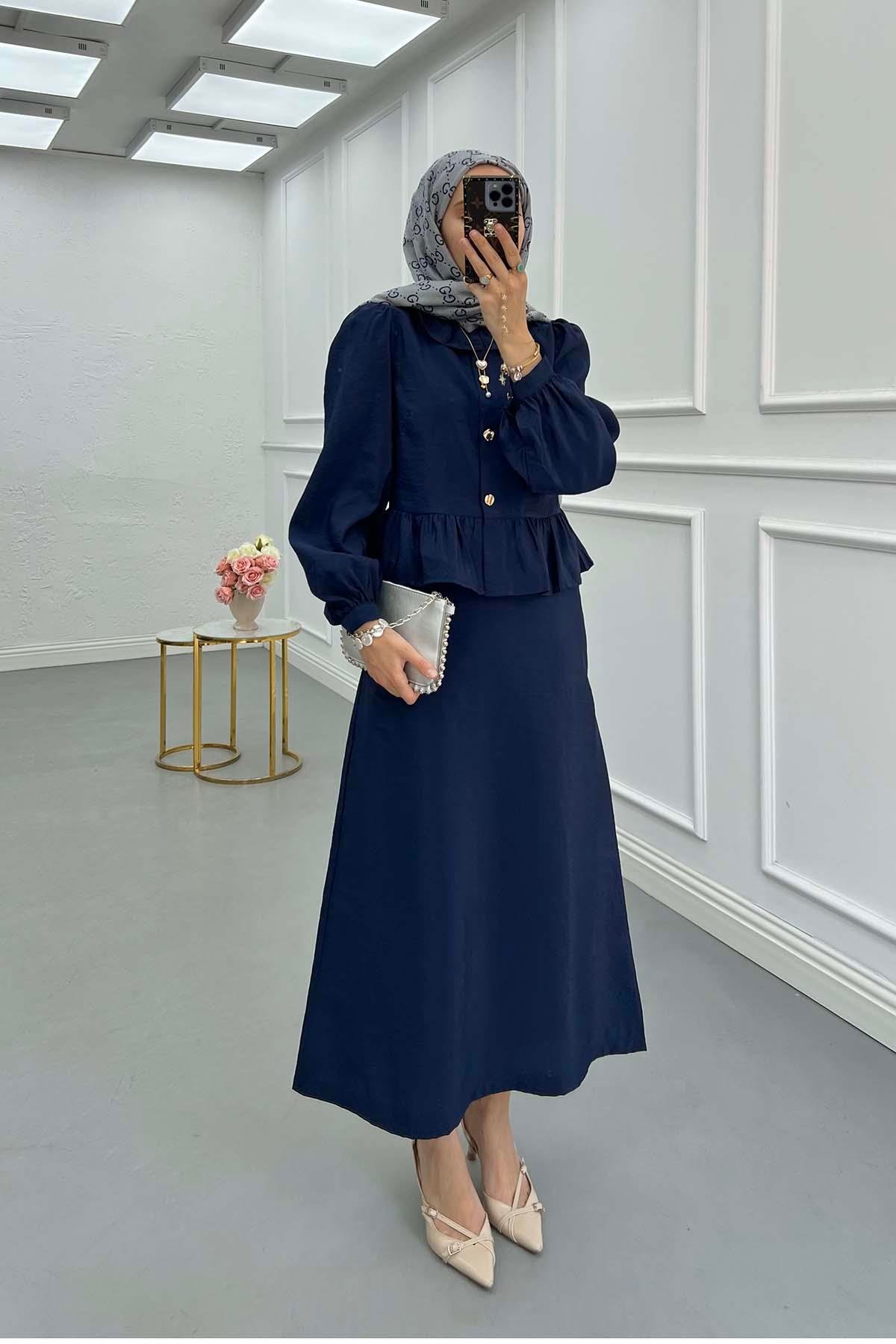 Sare Fashion Navy Blue Two Piece Suit with Ruffle Skirt