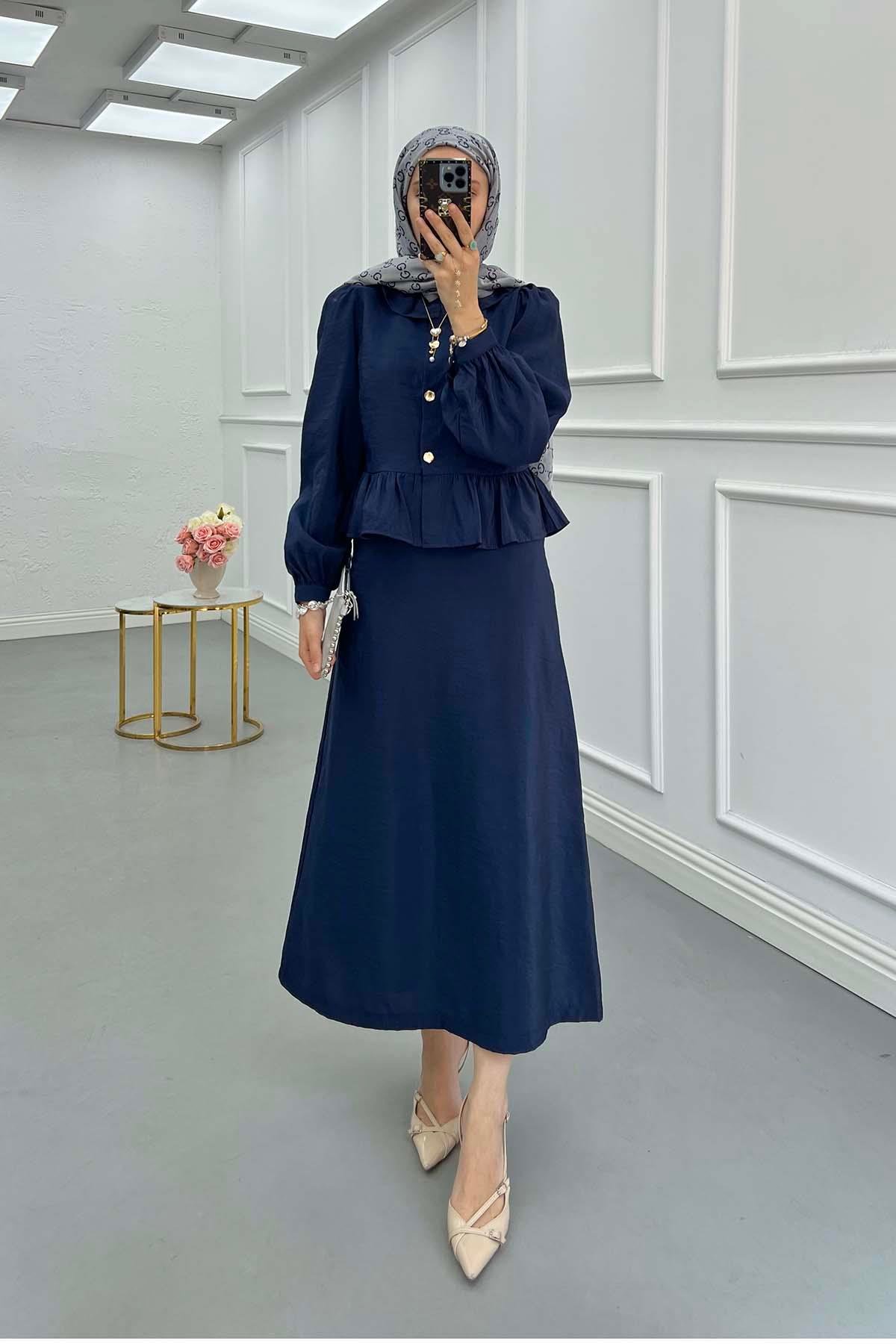 Sare Fashion Navy Blue Two Piece Suit with Ruffle Skirt