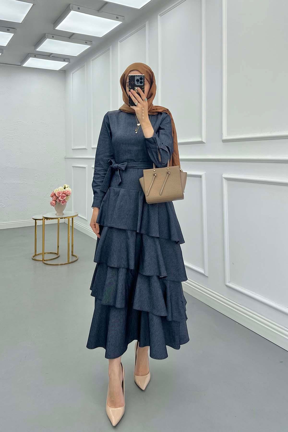 Sare Fashion Denim Dress with Ruffle Skirt in Smoke