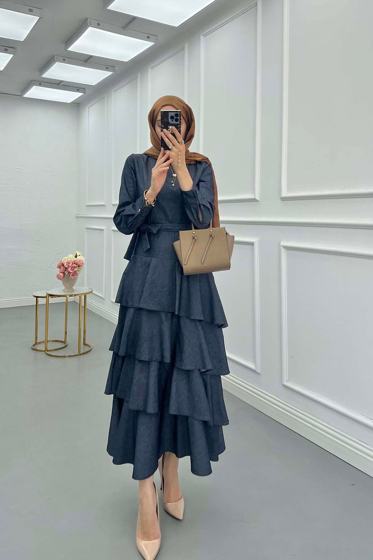 Sare Fashion Denim Dress with Ruffle Skirt in Smoke
