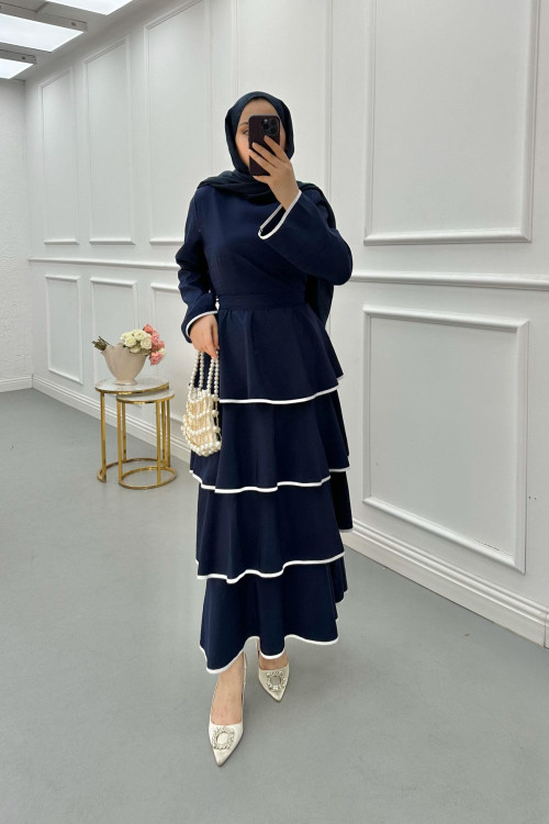 Sare Fashion Navy Blue Tied Dress with Flounce Skirt