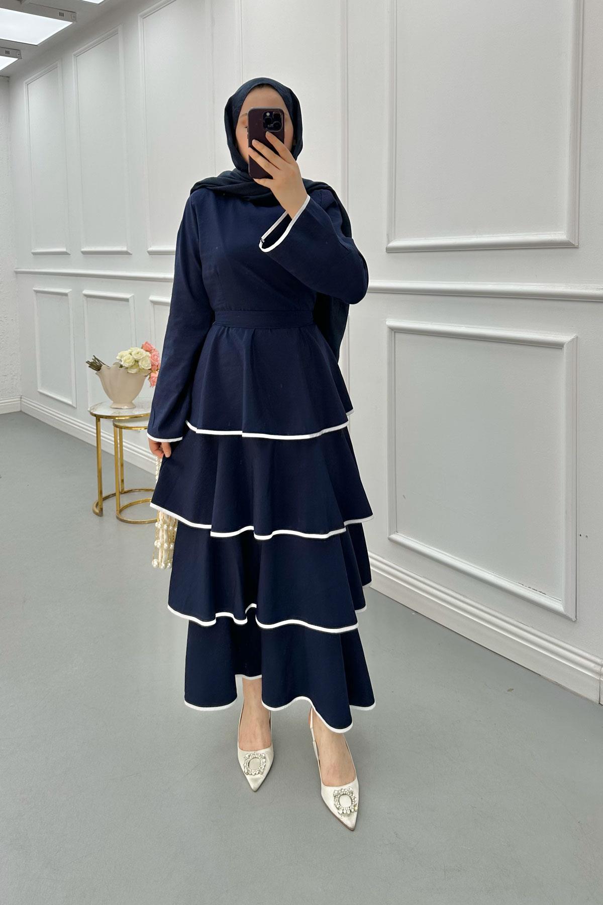 Sare Fashion Navy Blue Tied Dress with Flounce Skirt