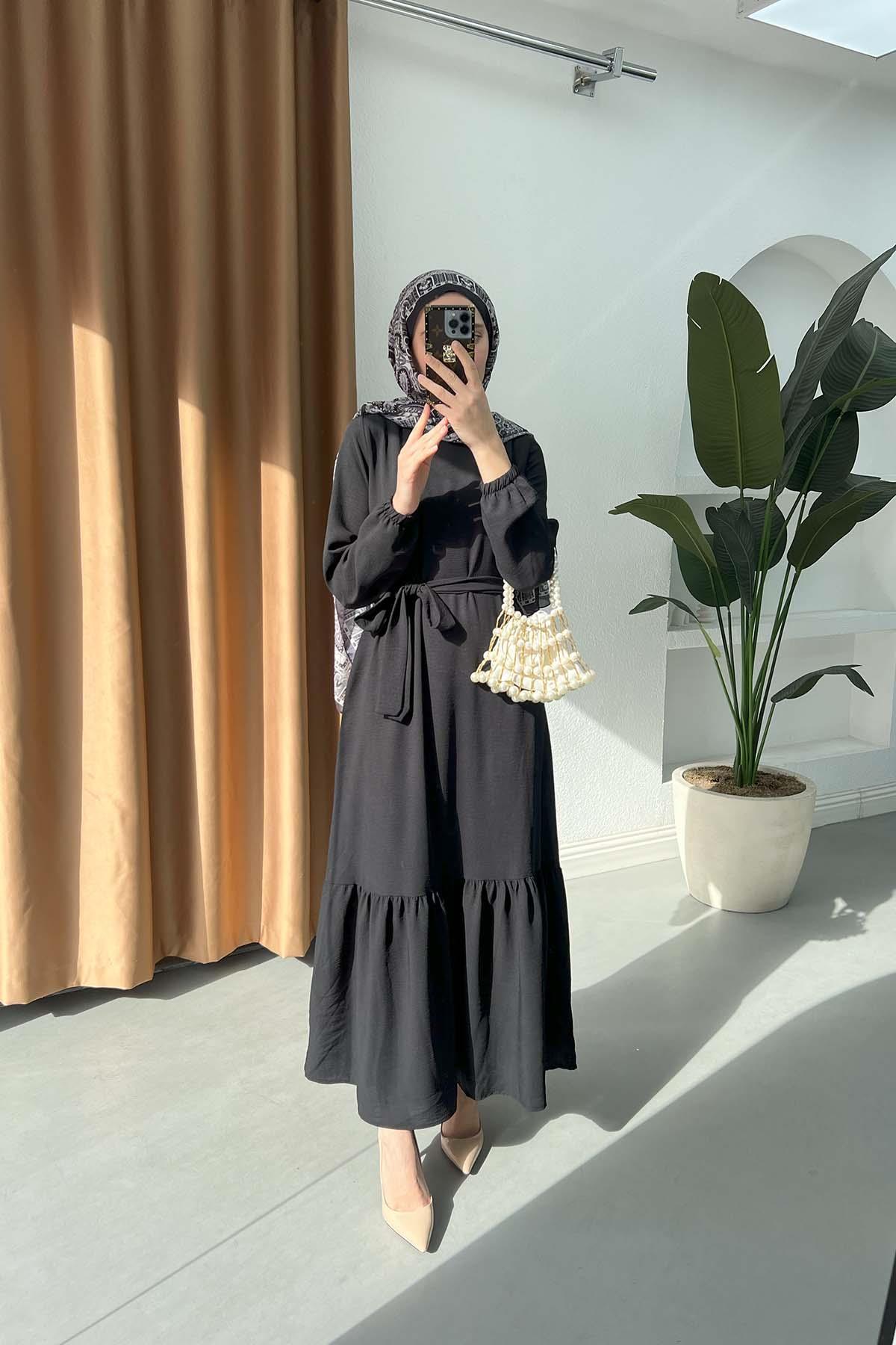 Sare Fashion Black Tied Dress with Flounce Skirt
