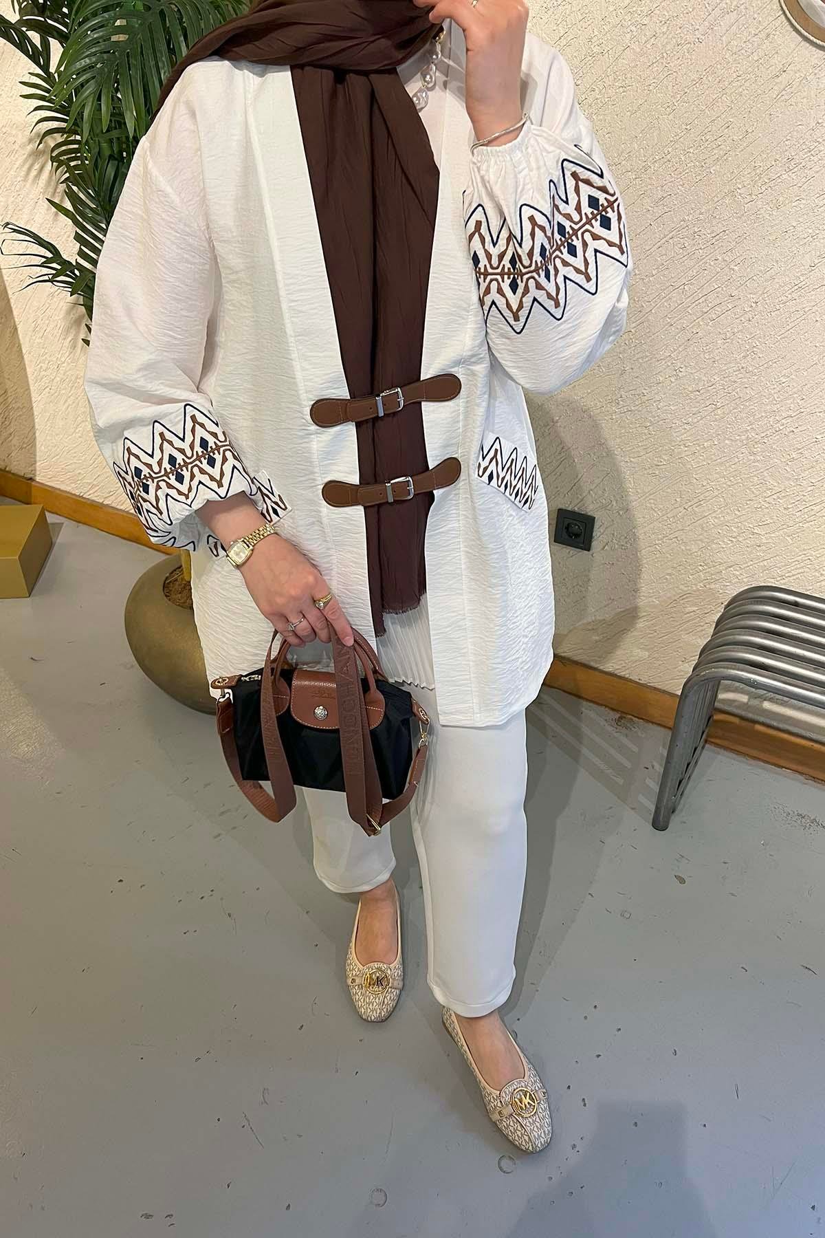 Sare Fashion Ethnic Pattern Belt Detailed Kimono White