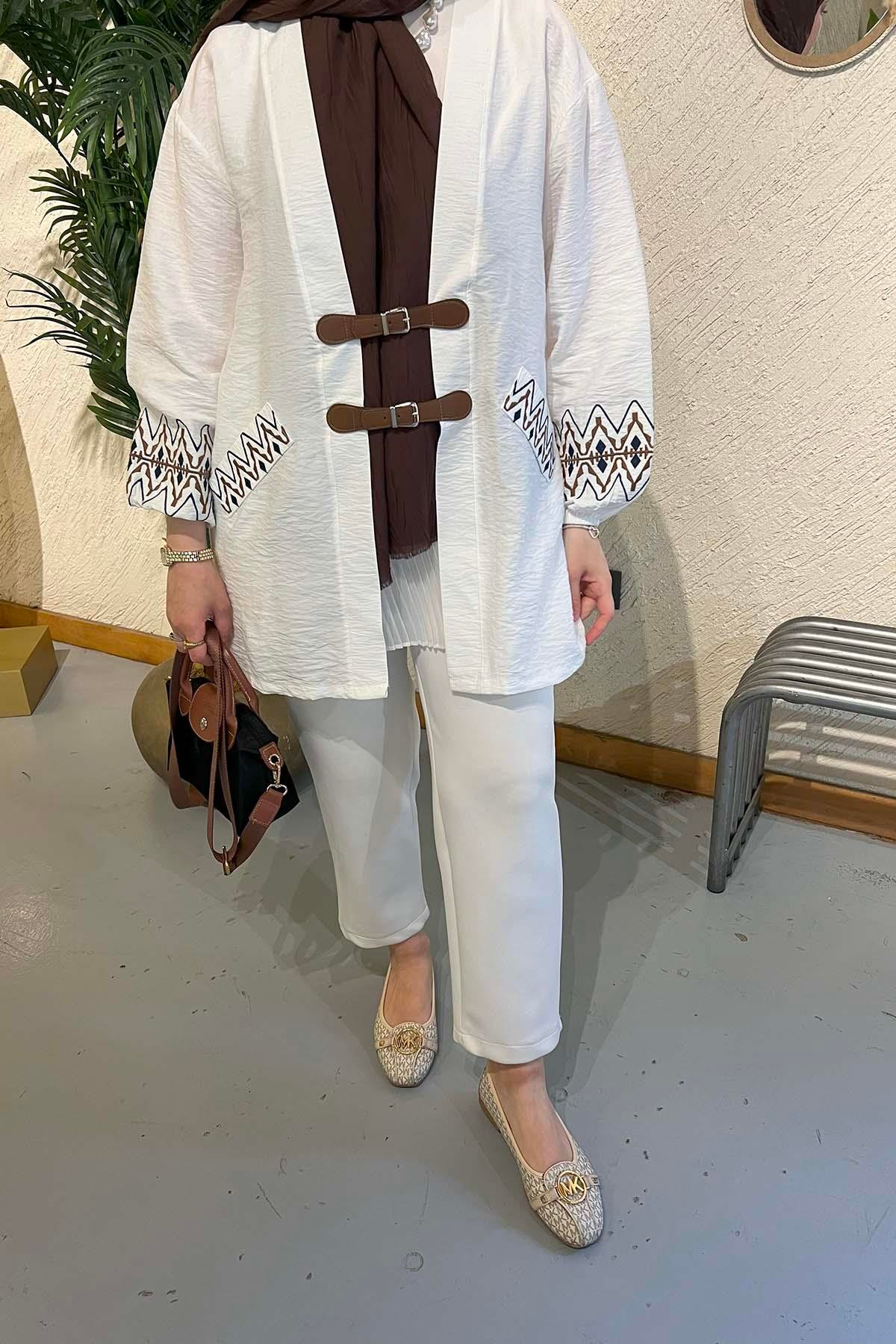Sare Fashion Ethnic Pattern Belt Detailed Kimono White