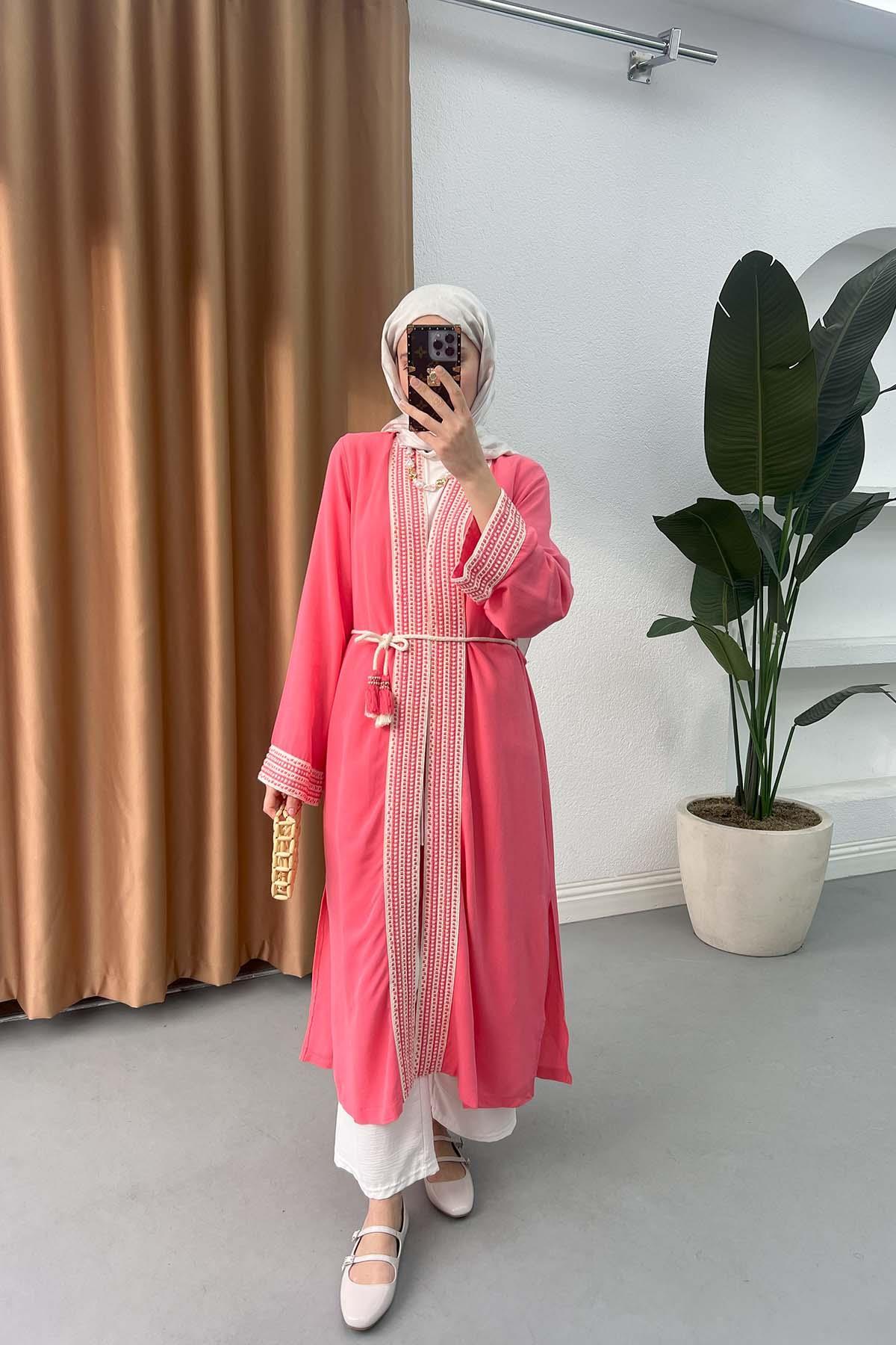 Sare Fashion Ethnic Striped Long Kimono Pomegranate Flower