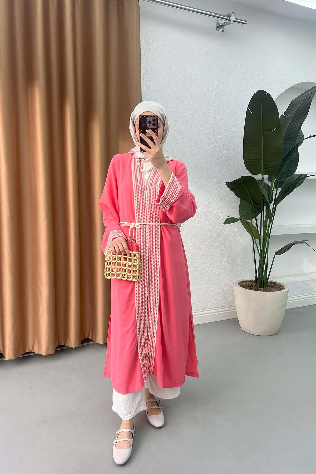 Sare Fashion Ethnic Striped Long Kimono Pomegranate Flower