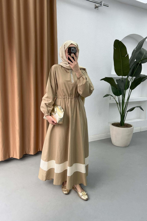 Sare Fashion Zipper Detailed Hooded Dress Camel