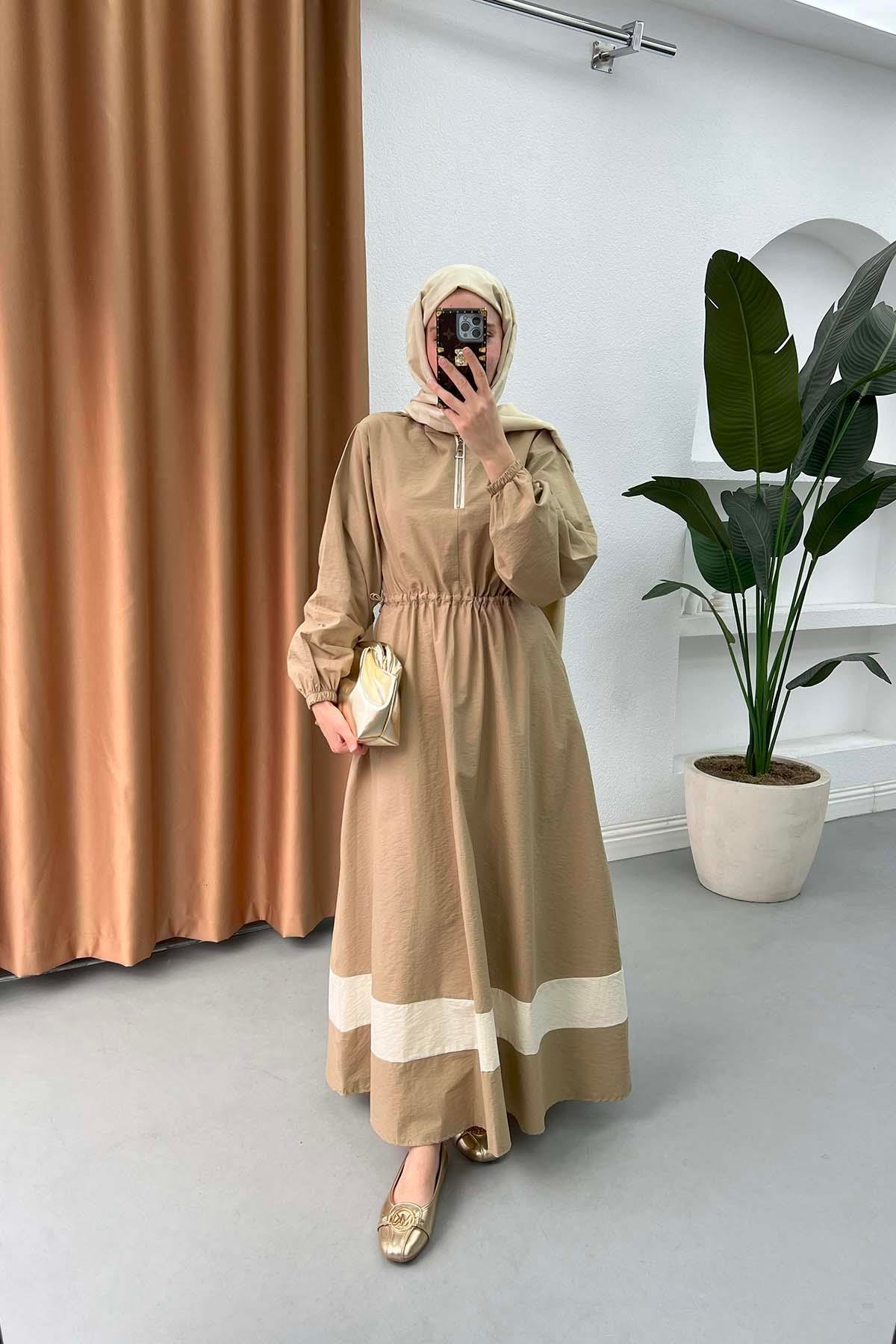 Sare Fashion Zipper Detailed Hooded Dress Camel