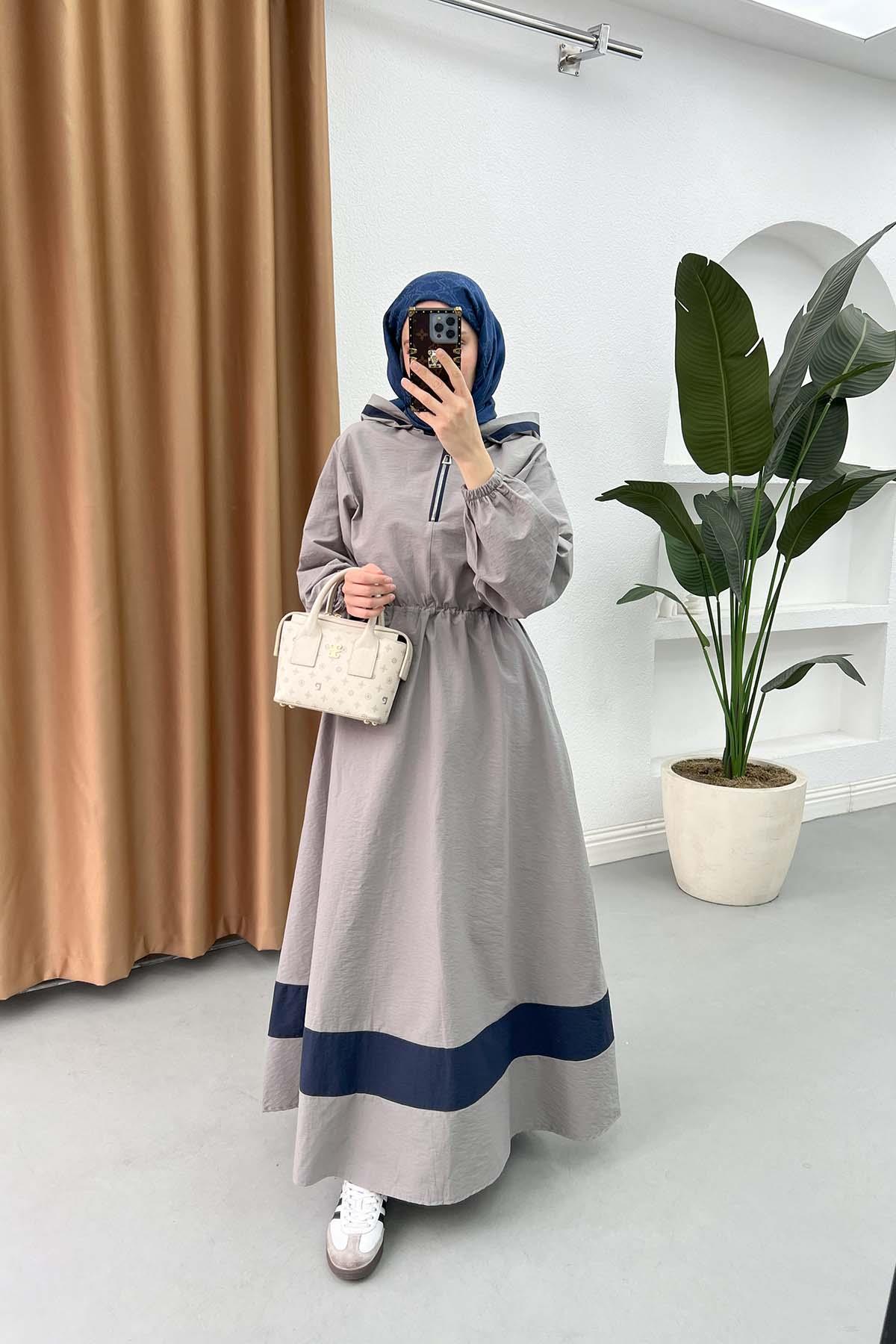 Sare Fashion Zipper Detailed Hooded Dress Gray