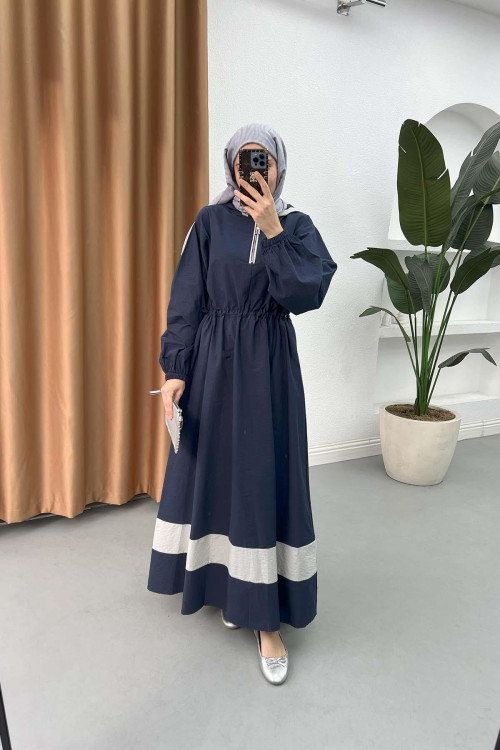 Sare Fashion Zipper Detailed Hooded Dress Navy Blue
