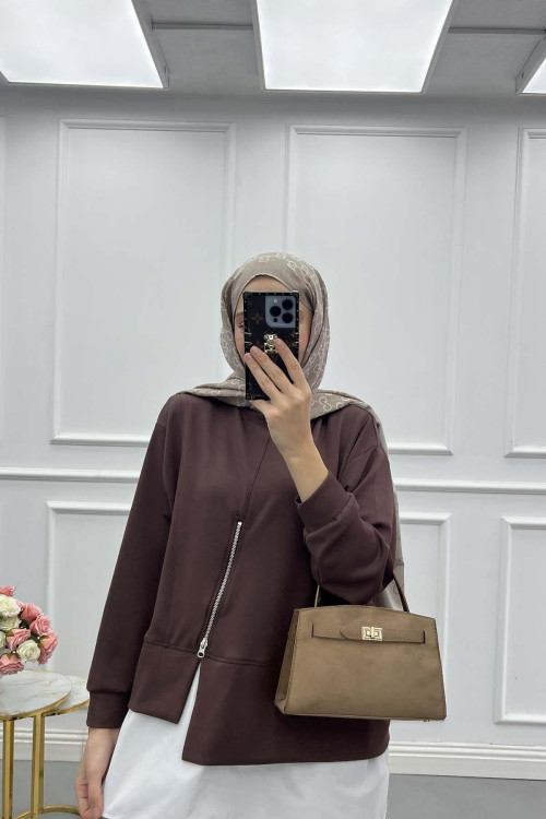 Sare Fashion Oysh Suit Brown with Zipper Detail Sare Fashion Oysh Suit Brown with Zipper Detail