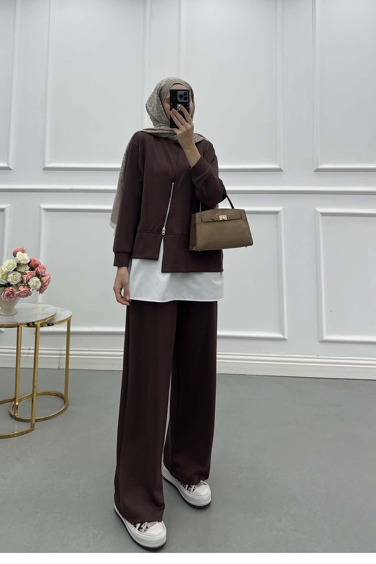 Sare Fashion Oysh Suit Brown with Zipper Detail Sare Fashion Oysh Suit Brown with Zipper Detail