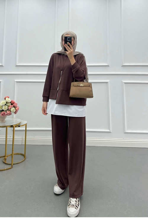 Sare Fashion Oysh Suit Brown with Zipper Detail Sare Fashion Oysh Suit Brown with Zipper Detail