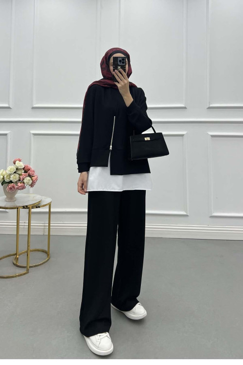 Sare Fashion Oysh Suit with Zipper Detail, Black Sare Fashion Oysh Suit with Zipper Detail, Black