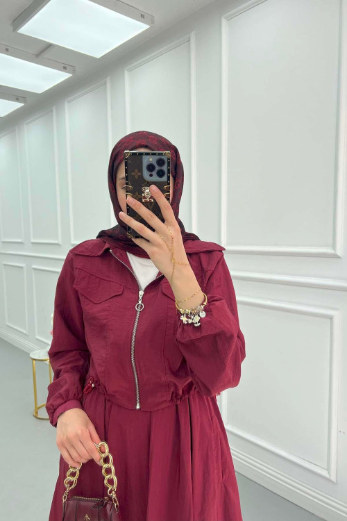 Sare Fashion Zippered Double Pocket Skirted Suit Claret Red
