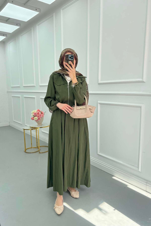 Sare Fashion Zippered Double Pocket Skirted Suit Khaki