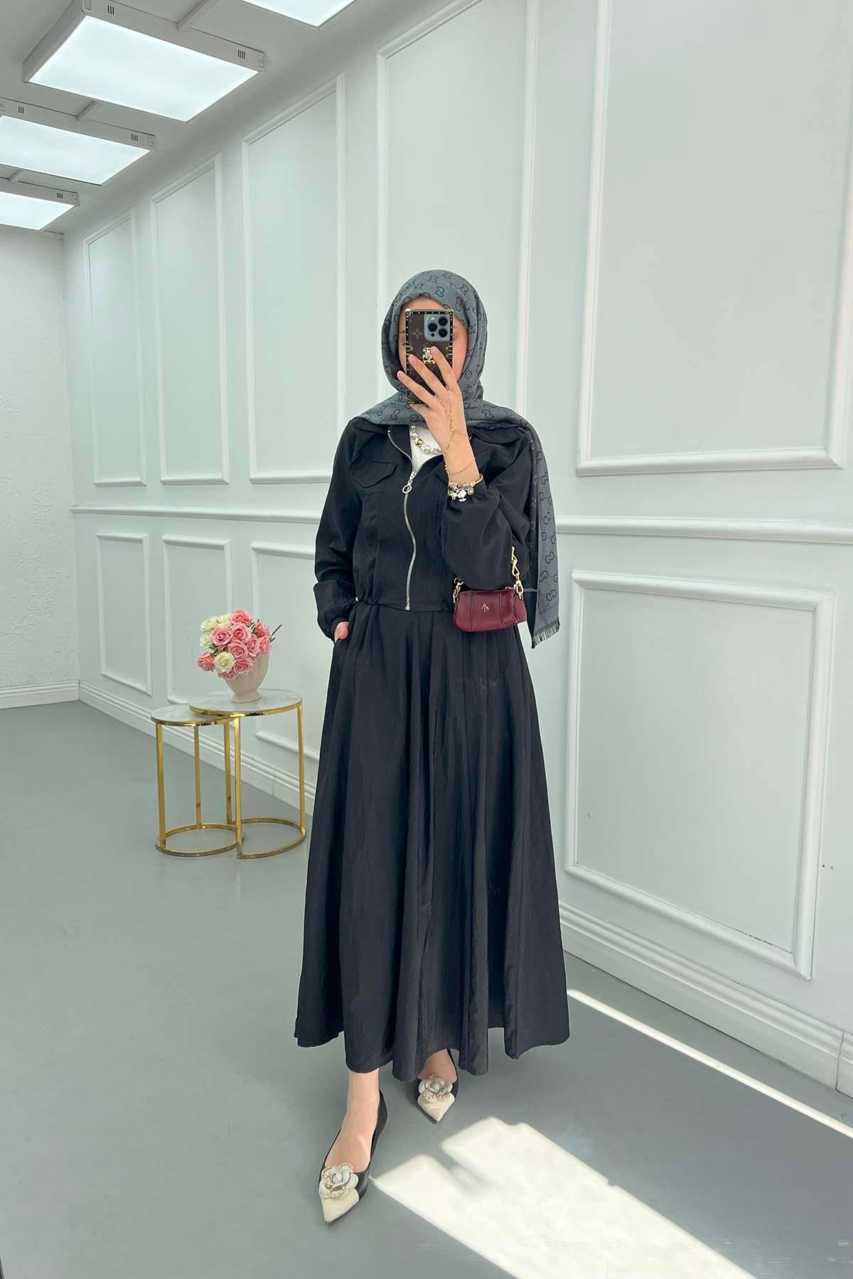 Sare Fashion Zippered Double Pocket Skirted Suit Black