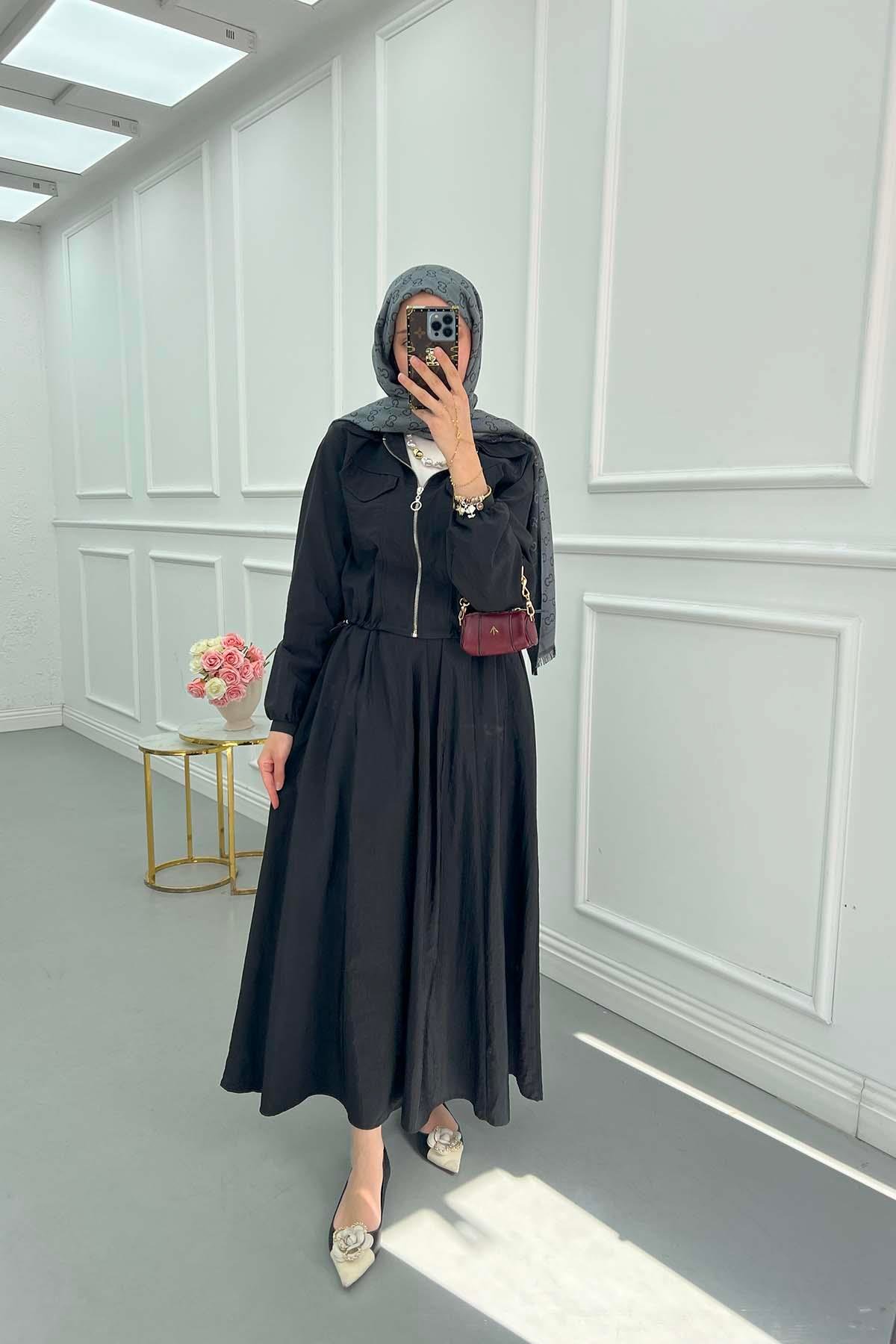 Sare Fashion Zippered Double Pocket Skirted Suit Black