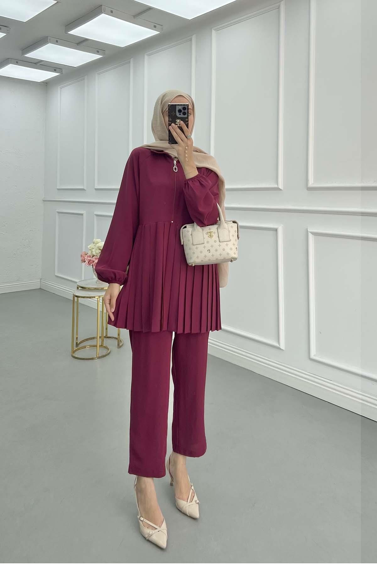 Sare Fashion Zippered Pleated Trouser Suit Burgundy