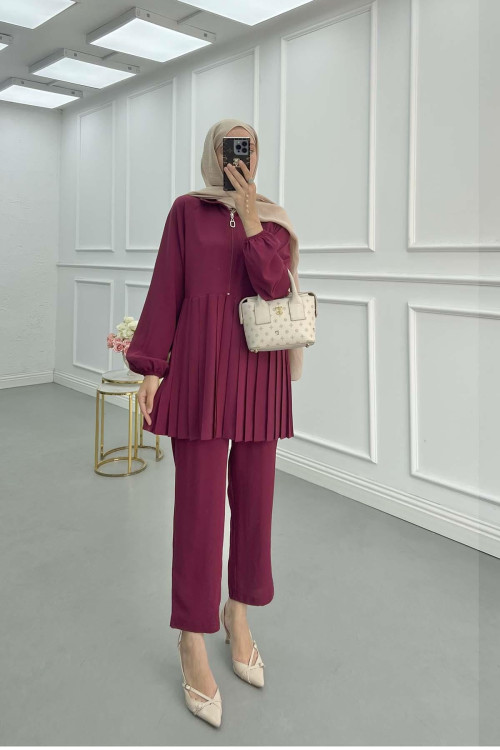 Sare Fashion Zippered Pleated Trouser Suit Burgundy