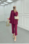 Sare Fashion Zippered Pleated Trouser Suit Burgundy
