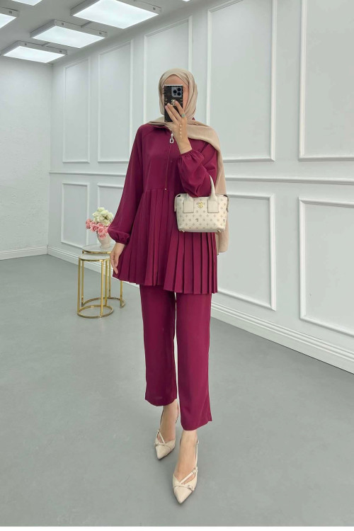 Sare Fashion Zippered Pleated Trouser Suit Burgundy