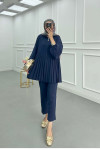 Sare Fashion Zippered Pleated Trouser Suit Navy Blue