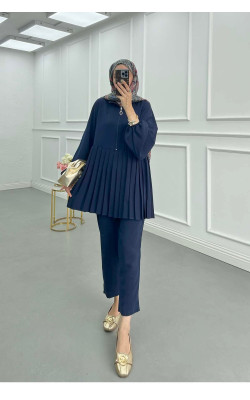 Sare Fashion Zippered Pleated Trouser Suit Navy Blue