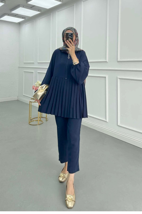 Sare Fashion Zippered Pleated Trouser Suit Navy Blue