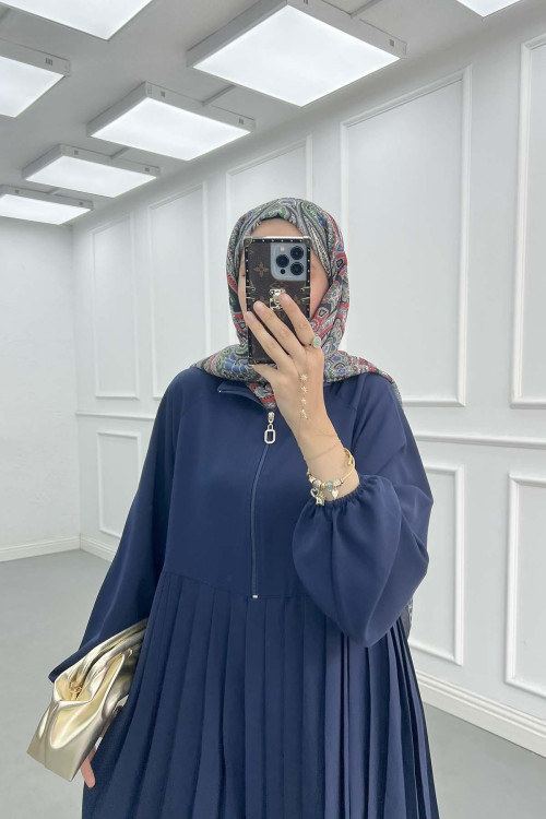 Sare Fashion Zippered Pleated Trouser Suit Navy Blue