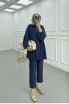Sare Fashion Zippered Pleated Trouser Suit Navy Blue