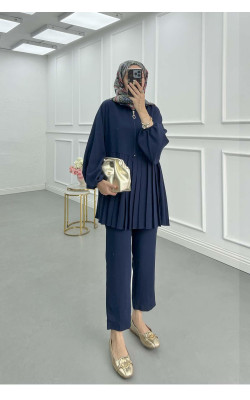 Sare Fashion Zippered Pleated Trouser Suit Navy Blue