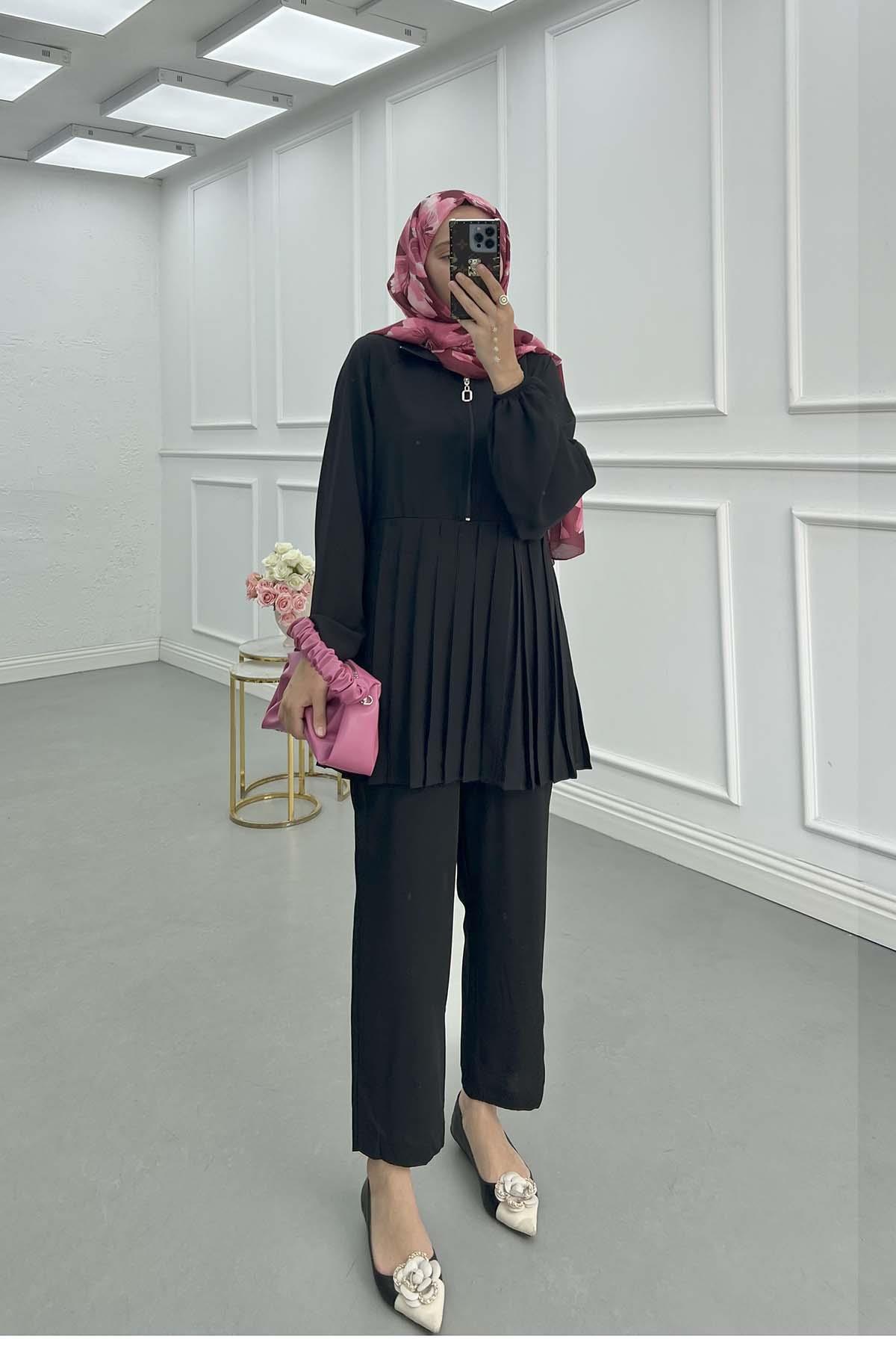 Sare Fashion Zippered Pleated Trouser Suit Black