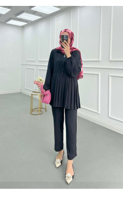 Sare Fashion Zippered Pleated Trouser Suit Black