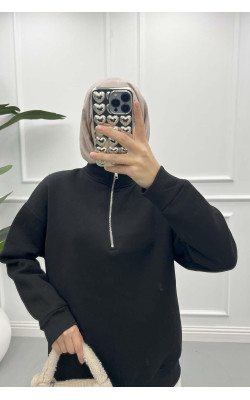 Zippered Three Thread Sweatshirt Black