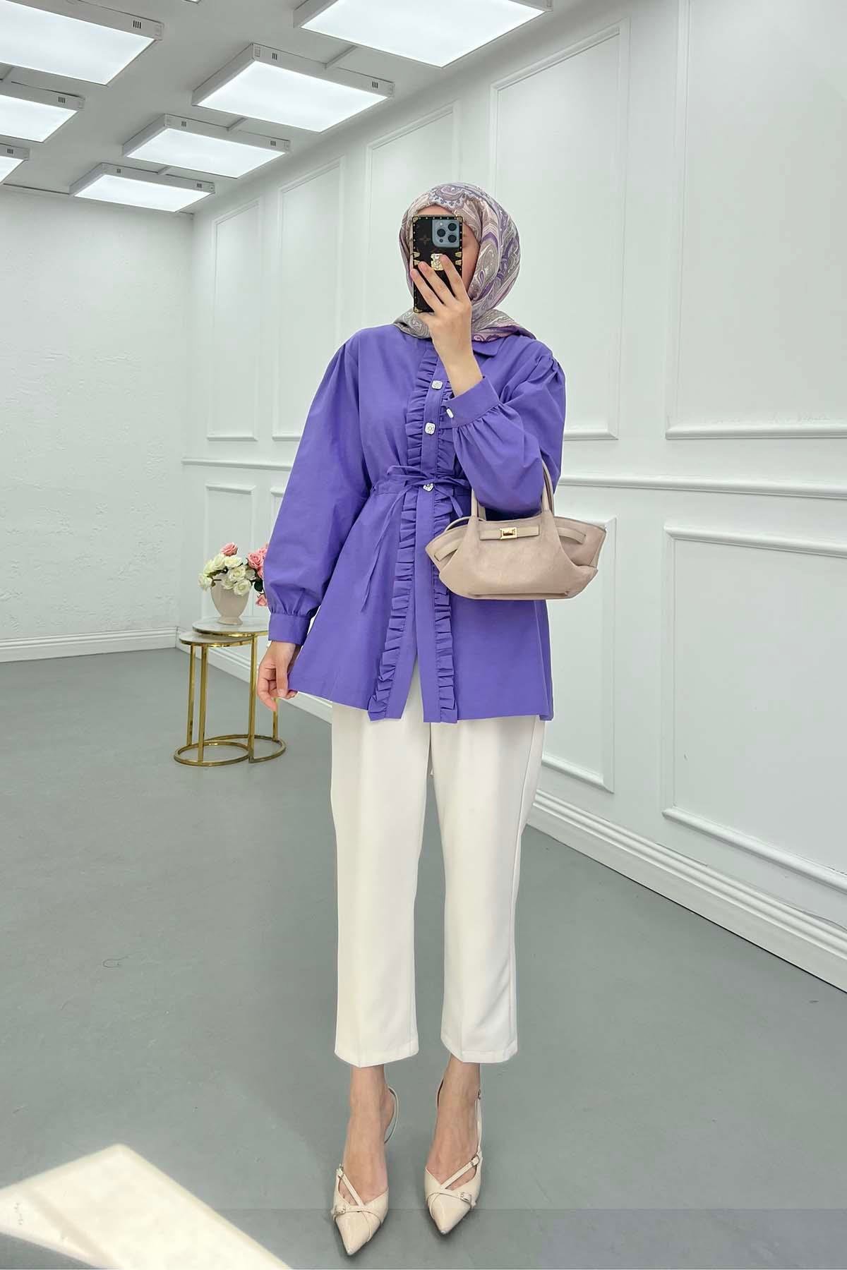 Sare Fashion Ruffle Detailed Waist Tie Shirt Purple