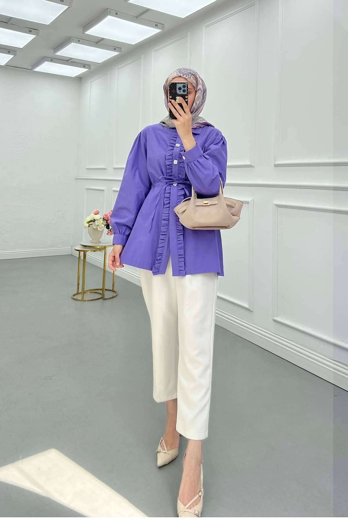 Sare Fashion Ruffle Detailed Waist Tie Shirt Purple