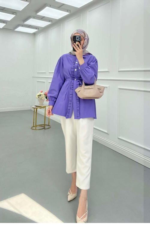 Sare Fashion Ruffle Detailed Waist Tie Shirt Purple