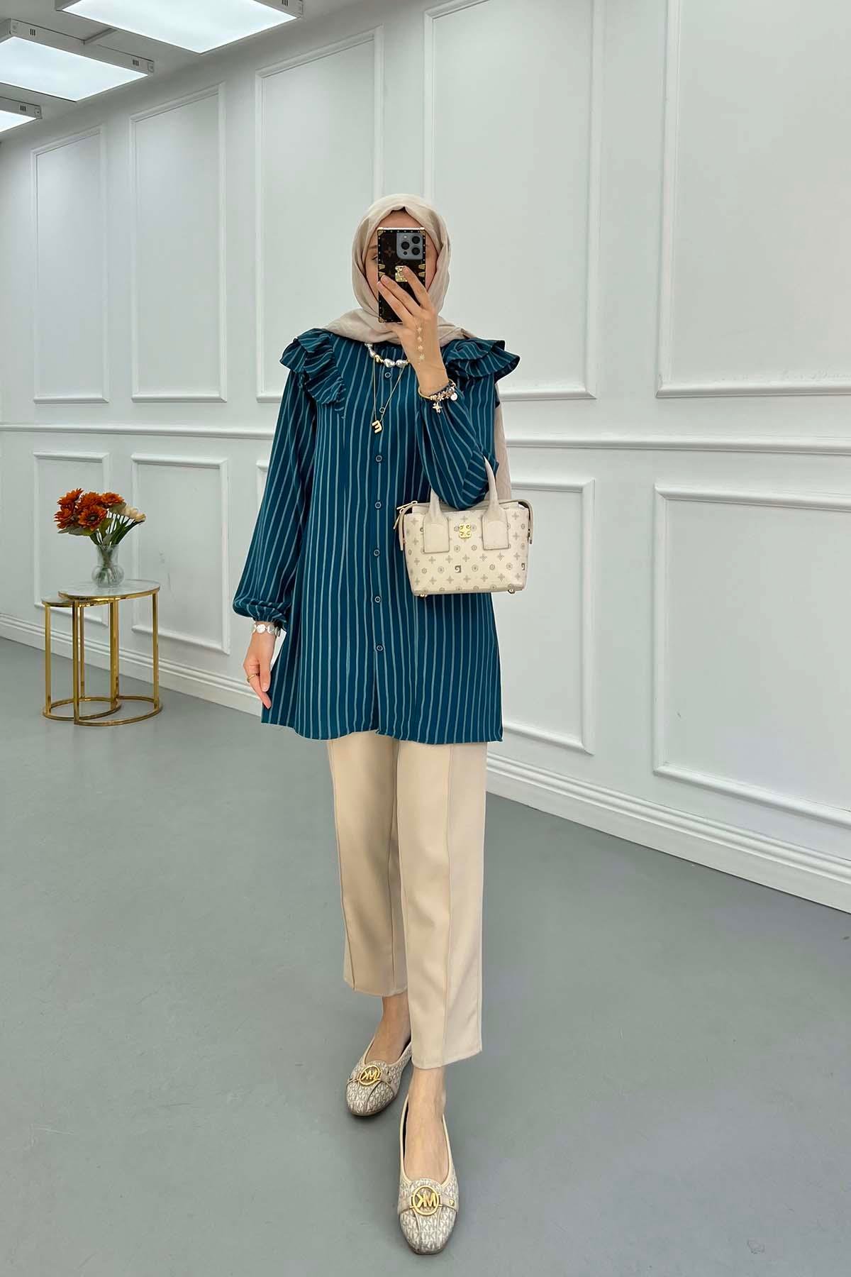 Sare Fashion Striped Shirt with Ruffle Detail Petrol Green